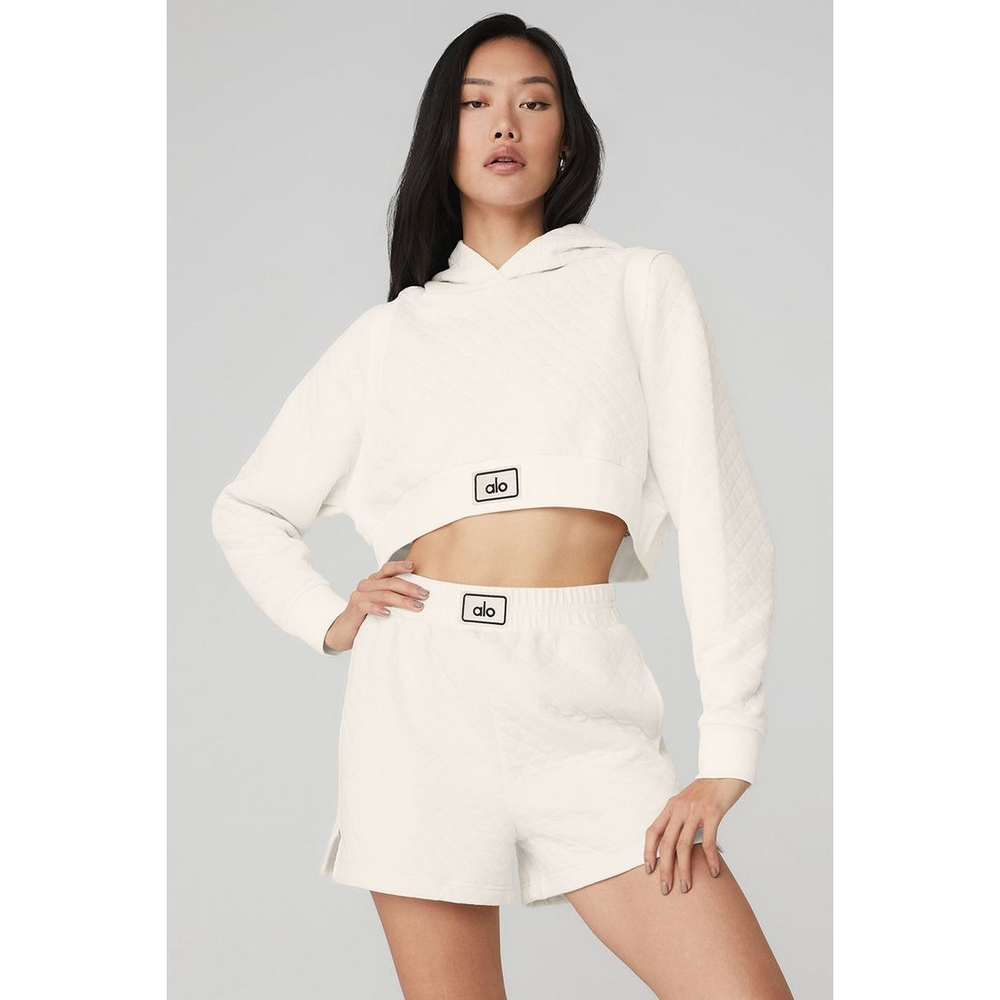 Alo Yoga Quilted Arena Cropped Hoodie in White